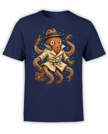 Vintage orange octopus in a fedora and trench coat printed on a navy T-shirt