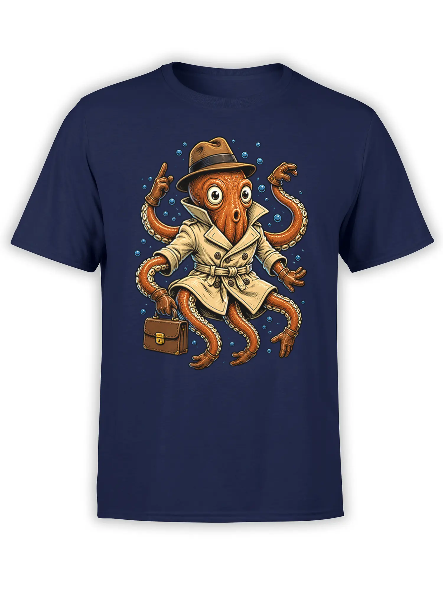 Vintage orange octopus in a fedora and trench coat printed on a navy T-shirt