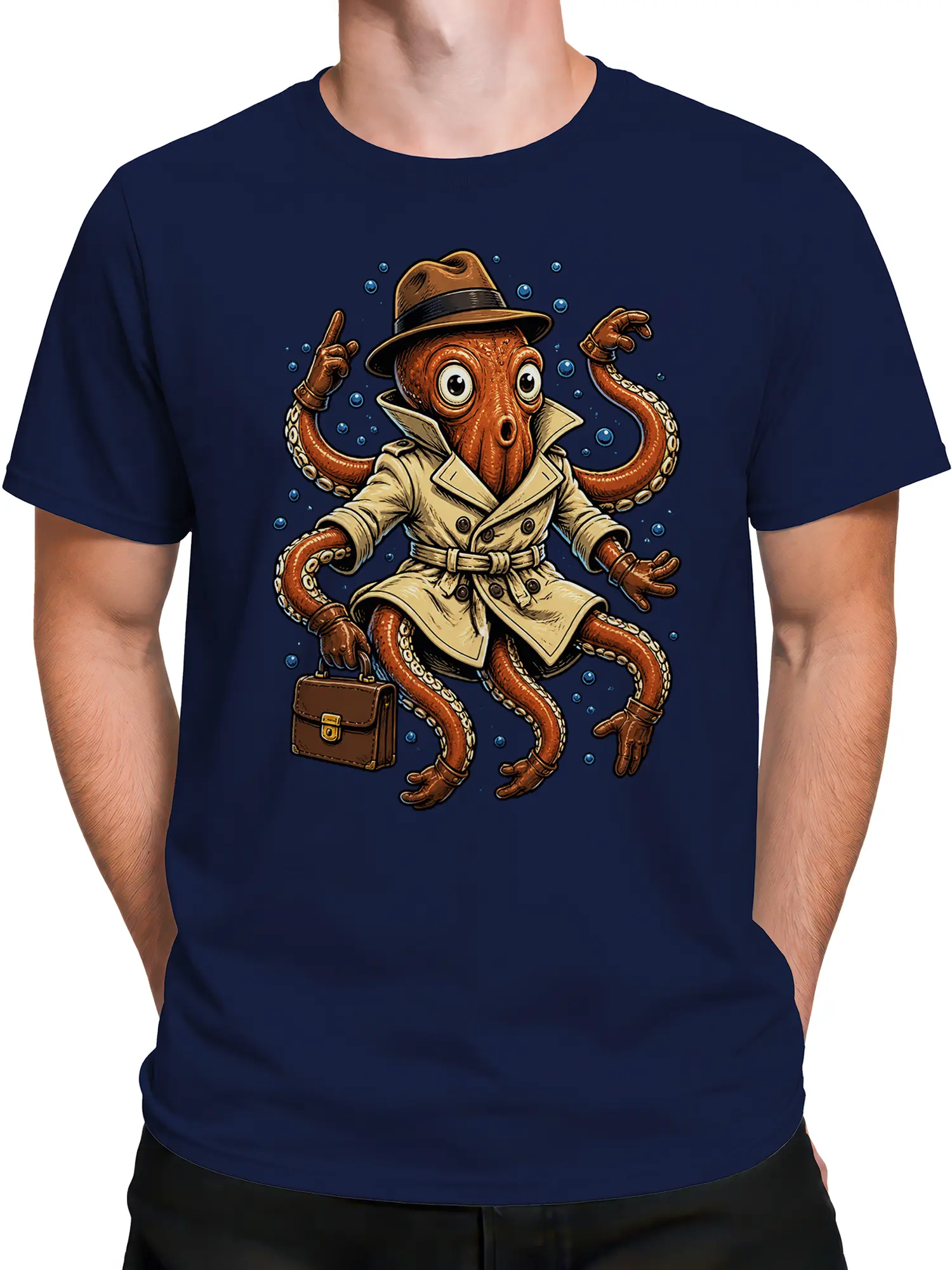 Male torso wearing a navy T-shirt with a fedora-wearing octopus graphic