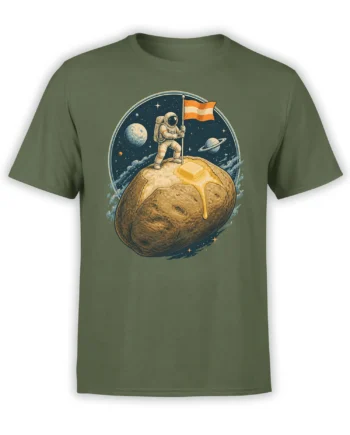 Olive green T-shirt with a retro astronaut standing on a syrup-covered pancake in outer space
