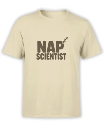 Beige Nap Scientist T-shirt with bold dark lettering and three small z symbols above the print