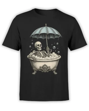 Black T-shirt with a vintage skeleton relaxing in a clawfoot bathtub beneath an umbrella
