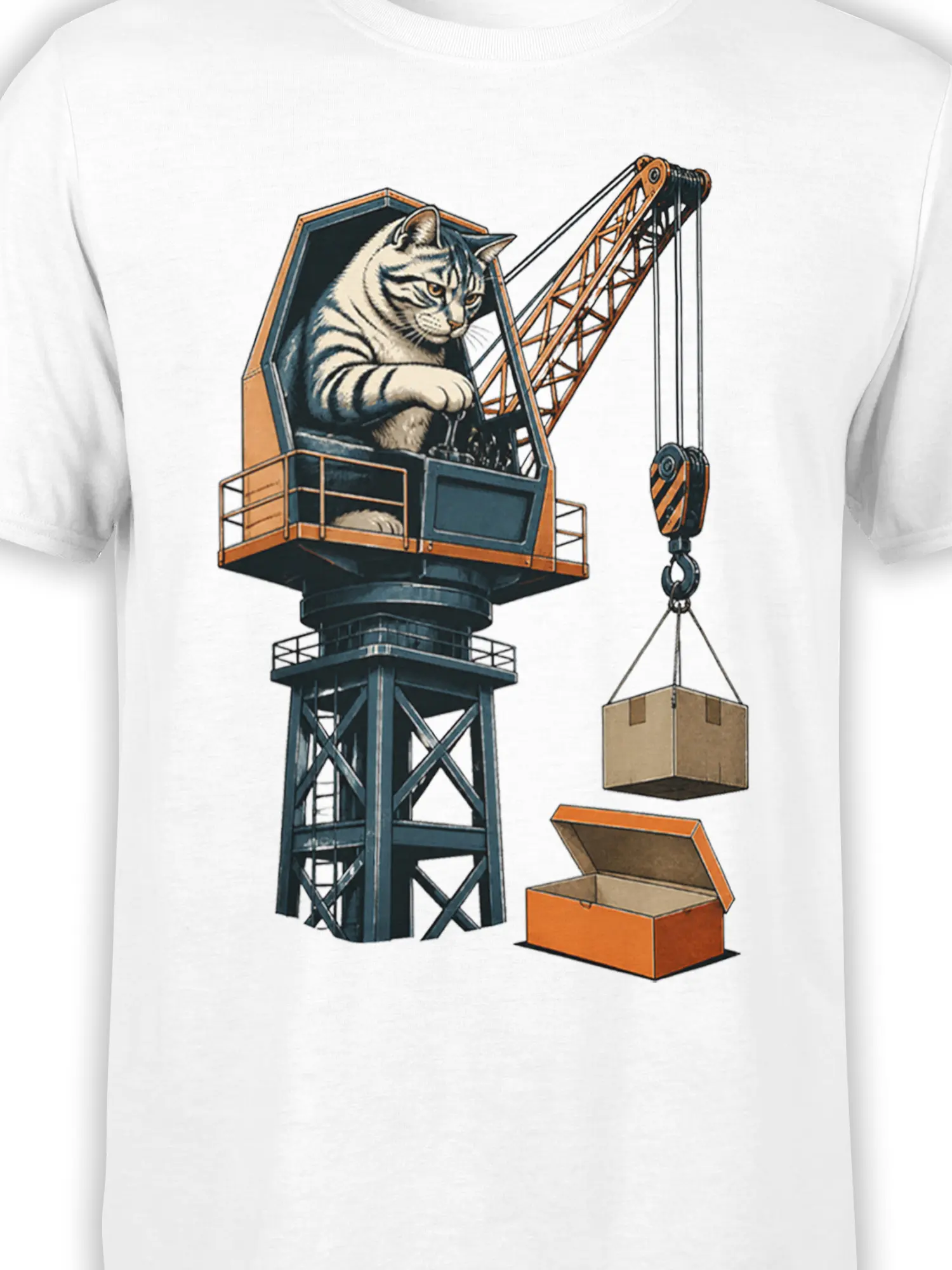 Close-up of tabby cat crane operator artwork on a white graphic T-shirt