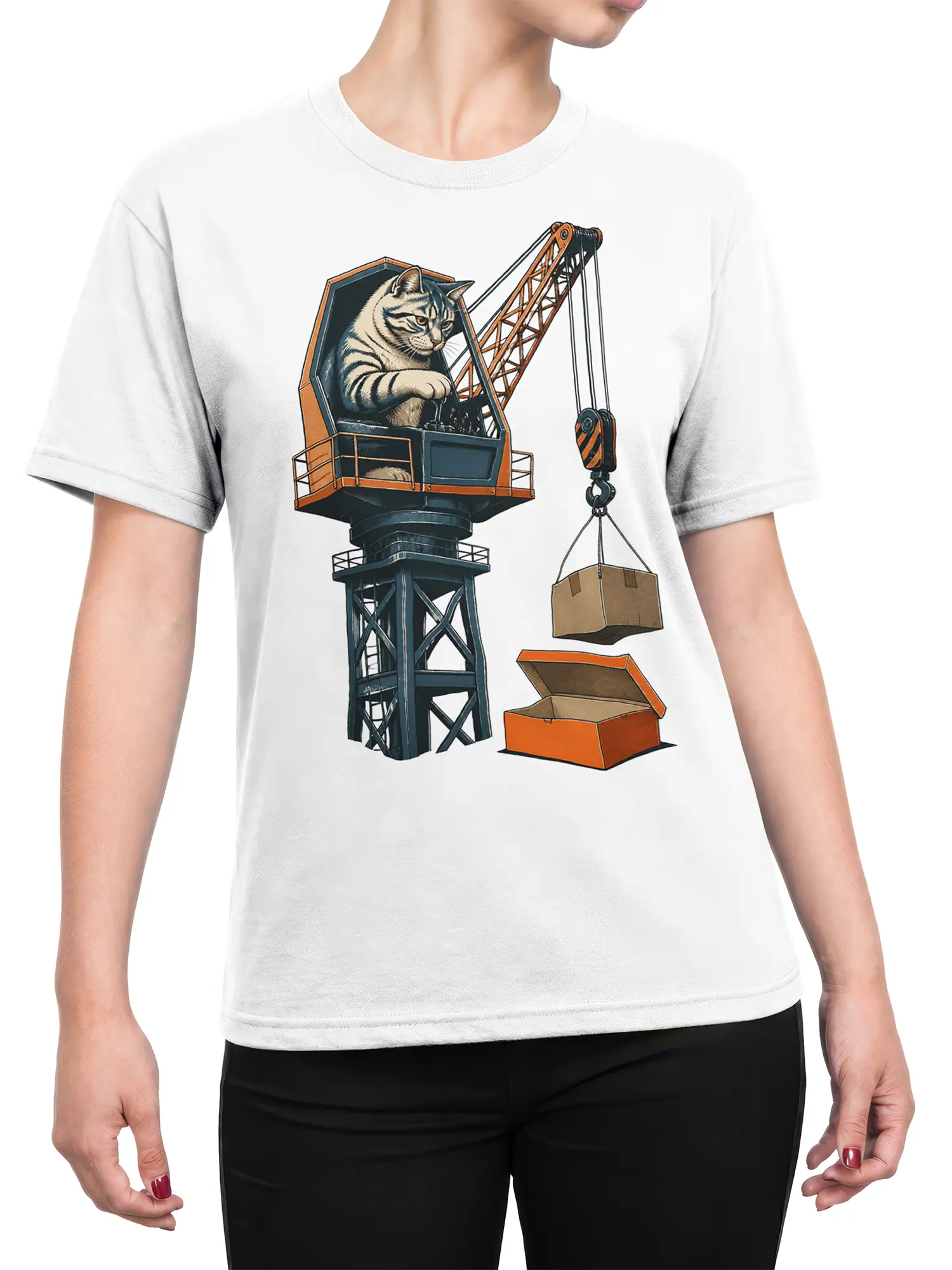Female torso wearing a white T-shirt with a tabby cat construction crane graphic
