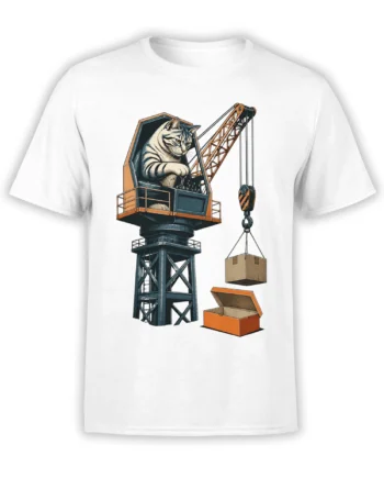 White T-shirt with a tabby cat operating an orange construction crane and lifting a cardboard box