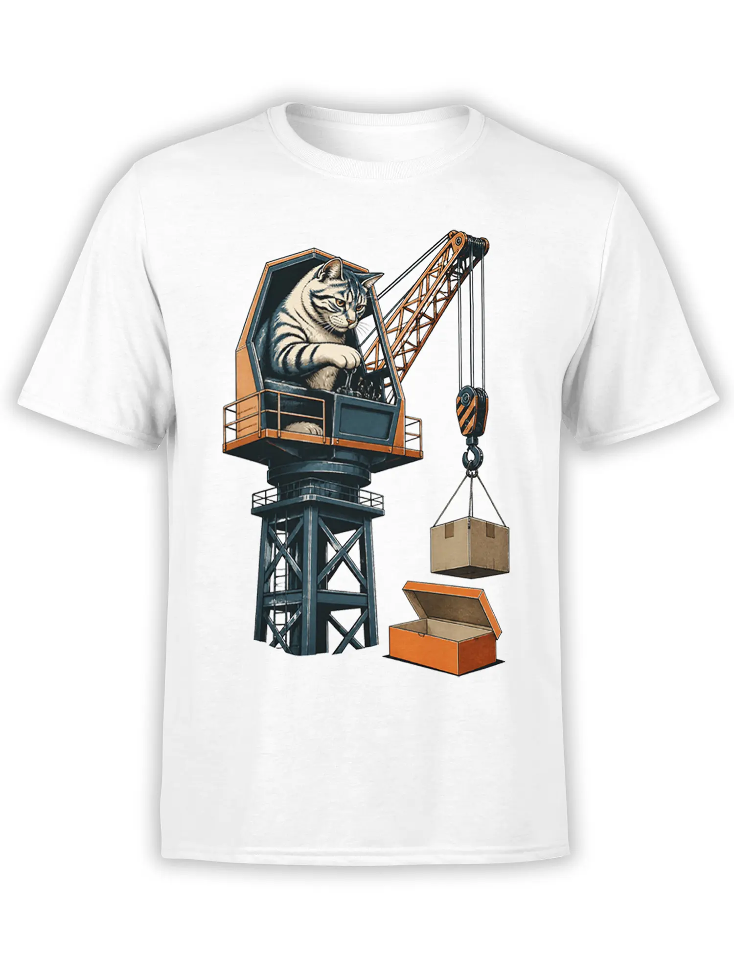 White T-shirt with a tabby cat operating an orange construction crane and lifting a cardboard box