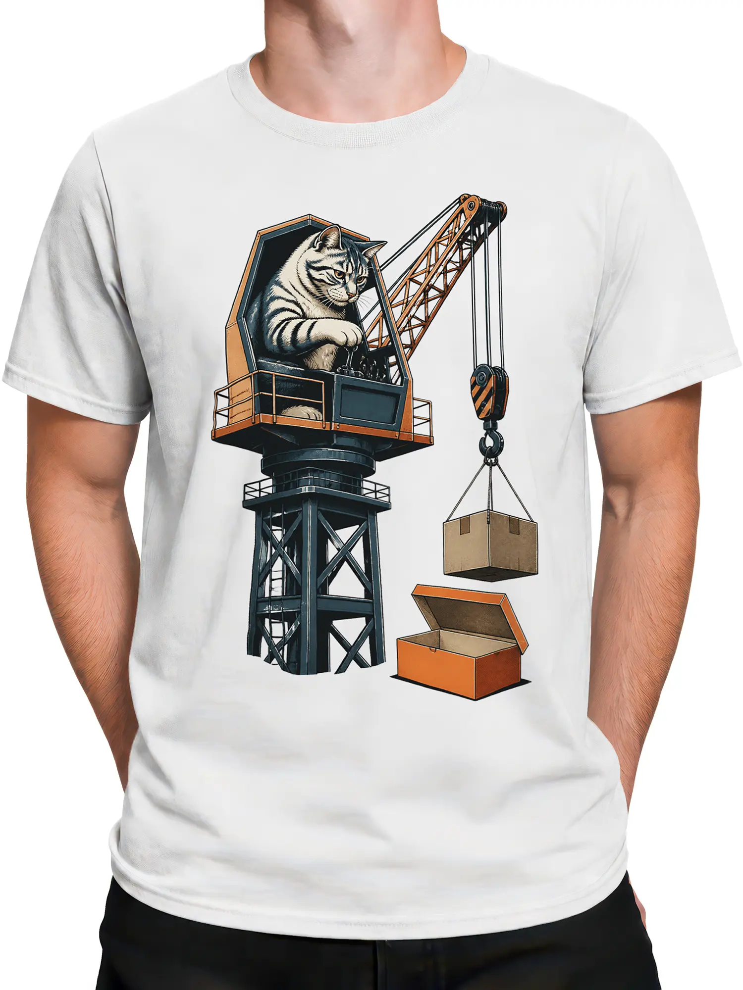 Male torso wearing a white T-shirt with a tabby cat crane operator design