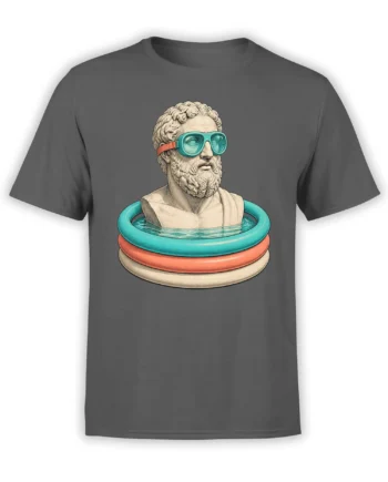 Gray T-shirt with a classical bearded bust wearing turquoise goggles above colorful pool rings