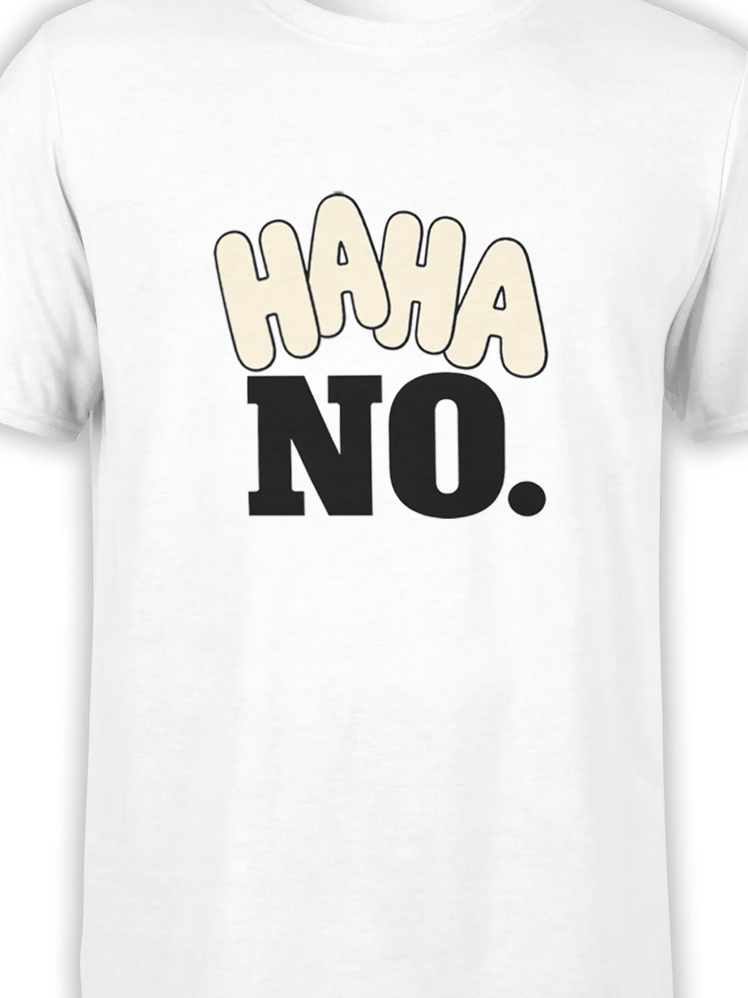 Close-up of cream-and-black oversized lettering and the bold black “NO.” print on a white T-shirt