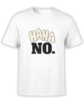 White graphic T-shirt with oversized cream-and-black lettering and a bold black “NO.” statement