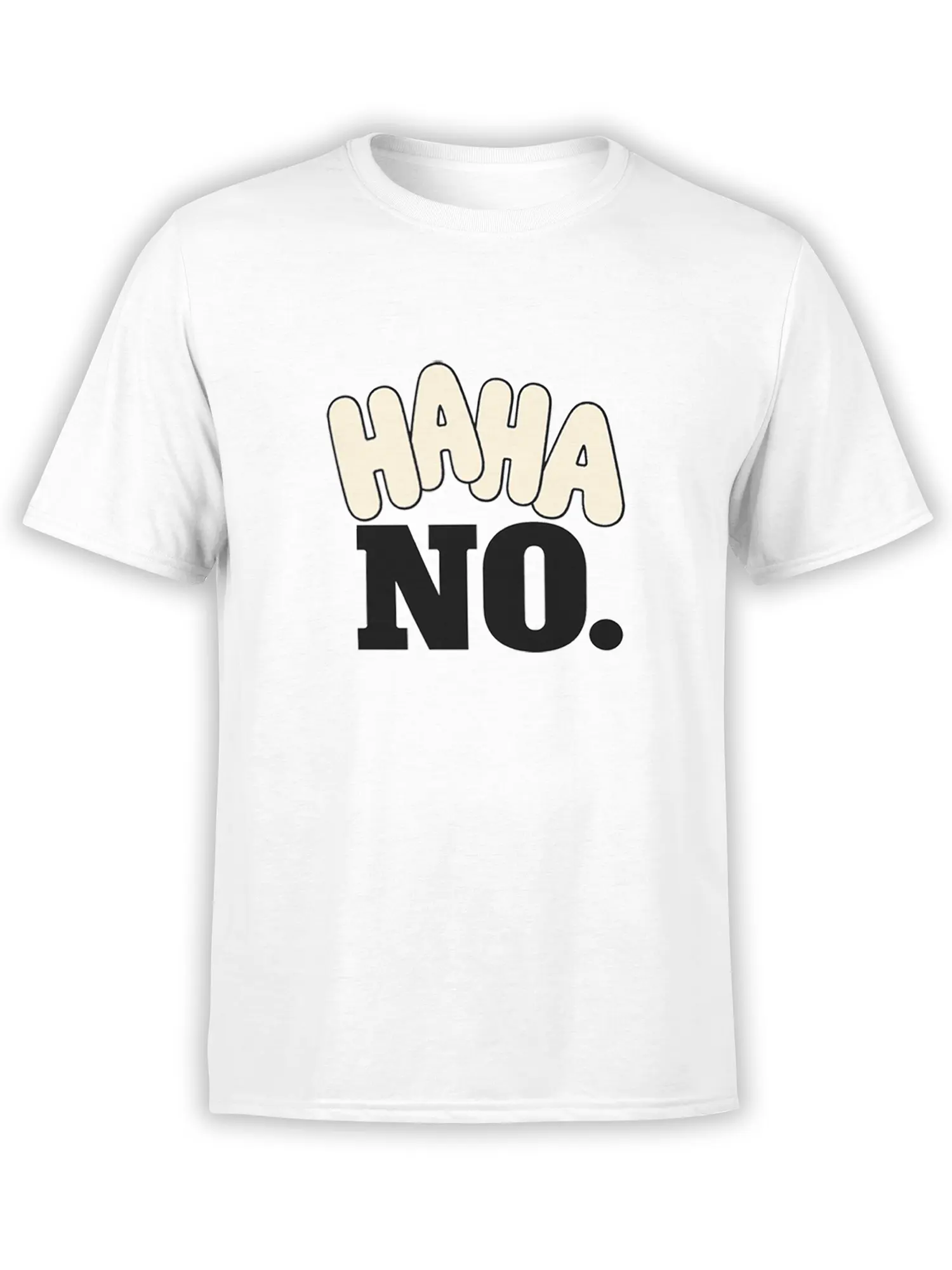 White graphic T-shirt with oversized cream-and-black lettering and a bold black “NO.” statement