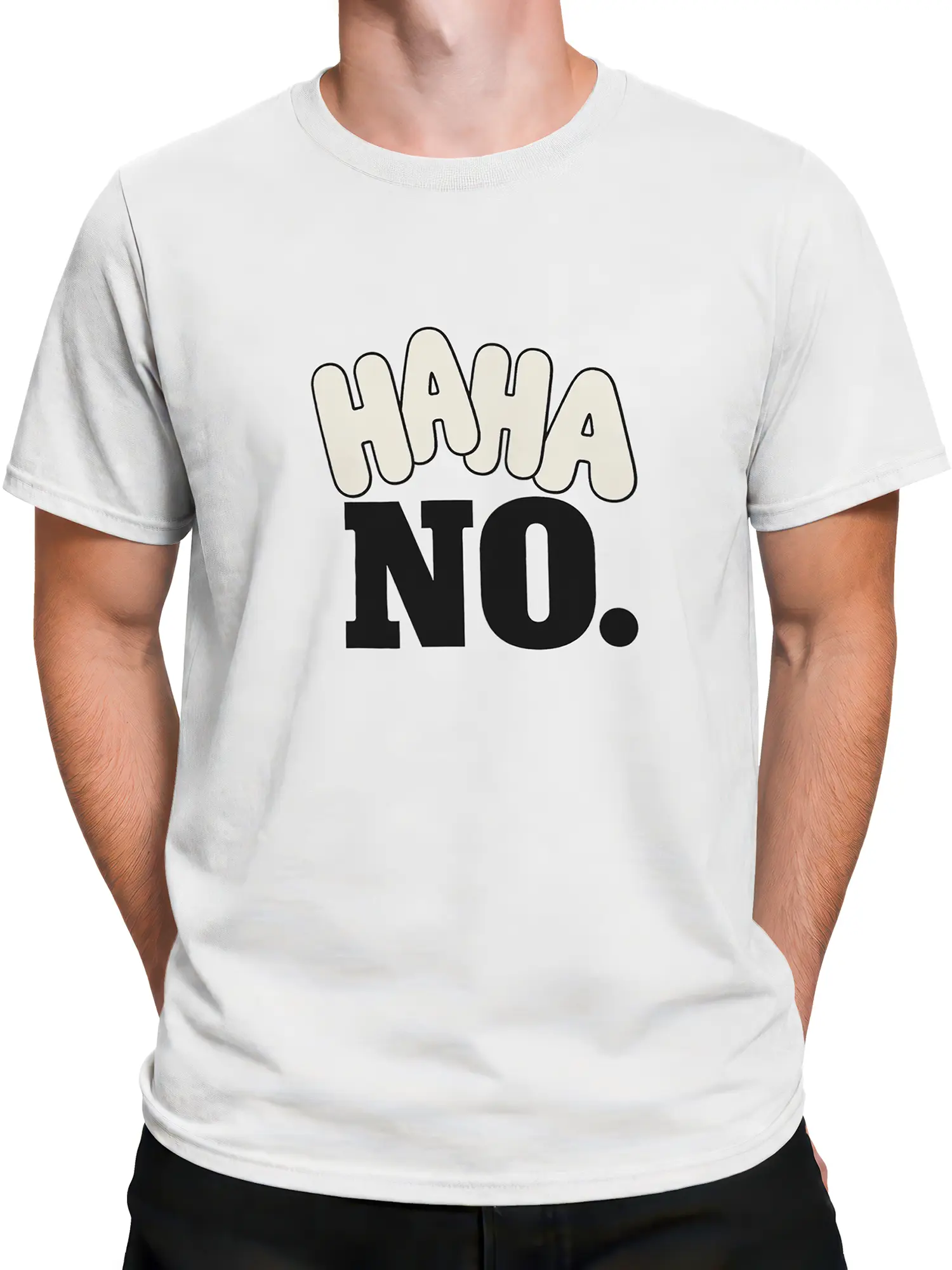 Male torso wearing a white graphic tee with oversized cryptic lettering and a bold black “NO.” statement