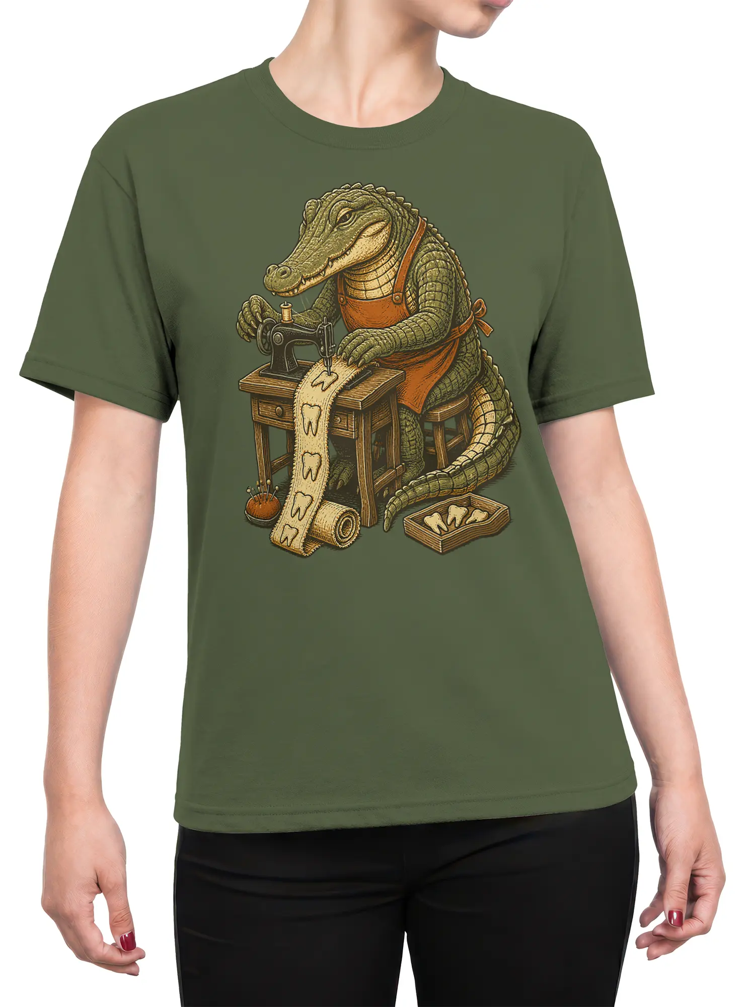 Female torso wearing a green T-shirt with a vintage crocodile tailor sewing design