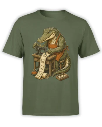 Green T-shirt with a vintage crocodile tailor sewing tooth-patterned fabric at a worktable