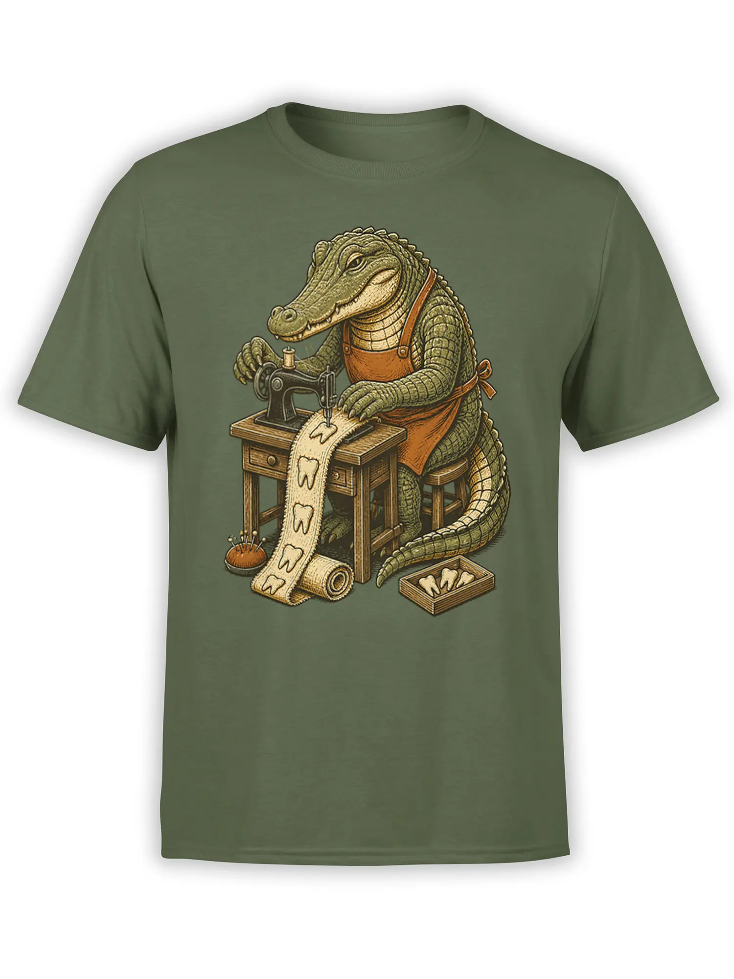 Green T-shirt with a vintage crocodile tailor sewing tooth-patterned fabric at a worktable