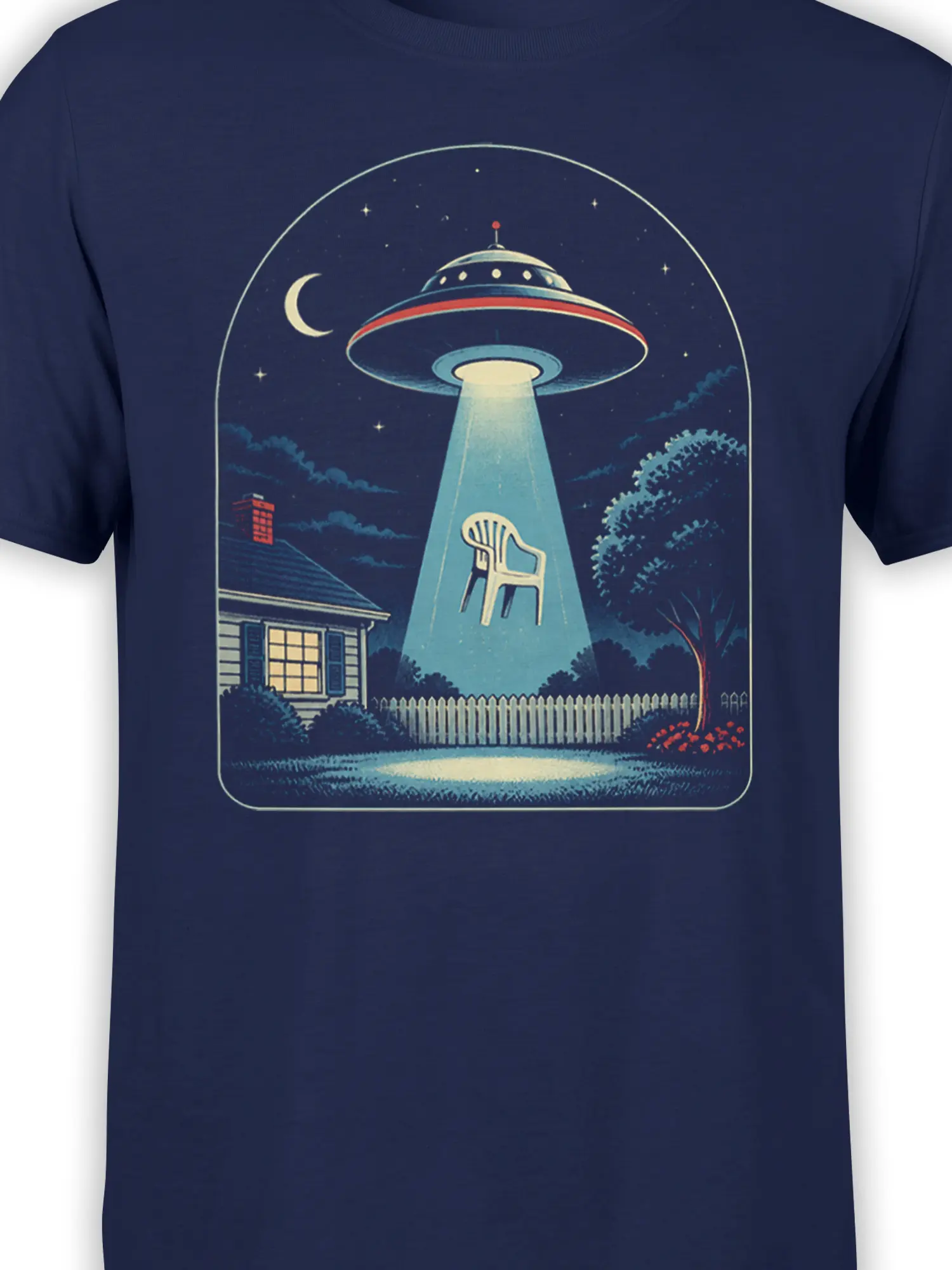 Close-up of a vintage flying saucer beam and floating lawn chair on a navy T-shirt