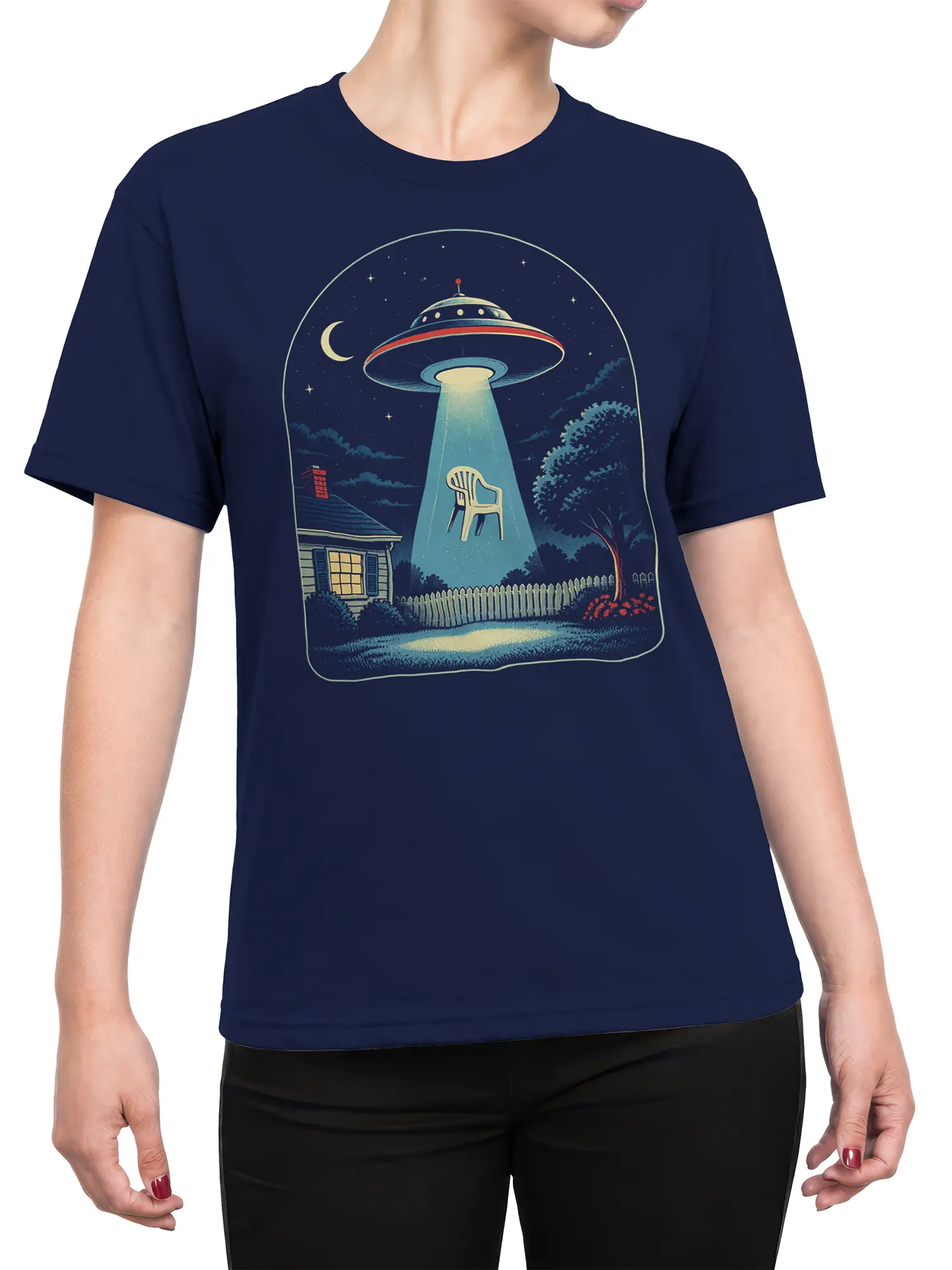 Female torso wearing a navy UFO T-shirt with a flying saucer abducting a lawn chair