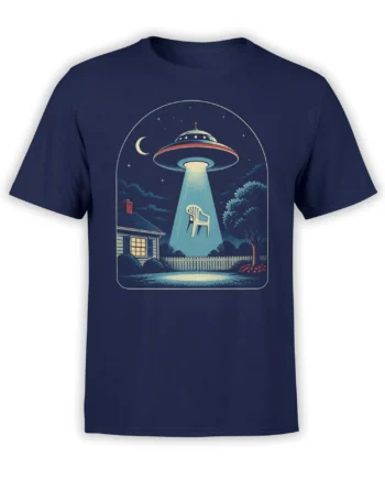 Vintage UFO abducting a lawn chair over a suburban yard at night on a navy T-shirt