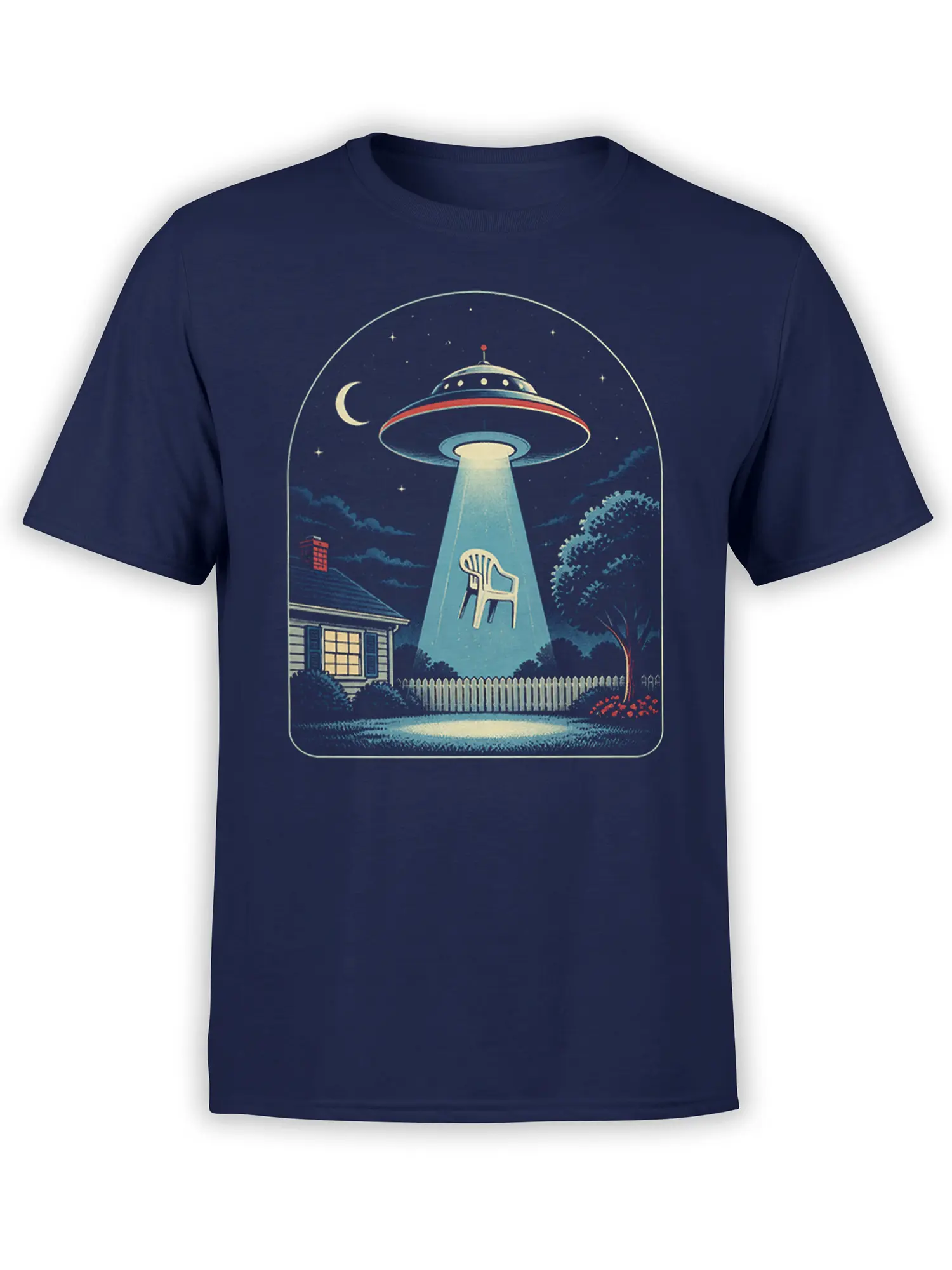 Vintage UFO abducting a lawn chair over a suburban yard at night on a navy T-shirt