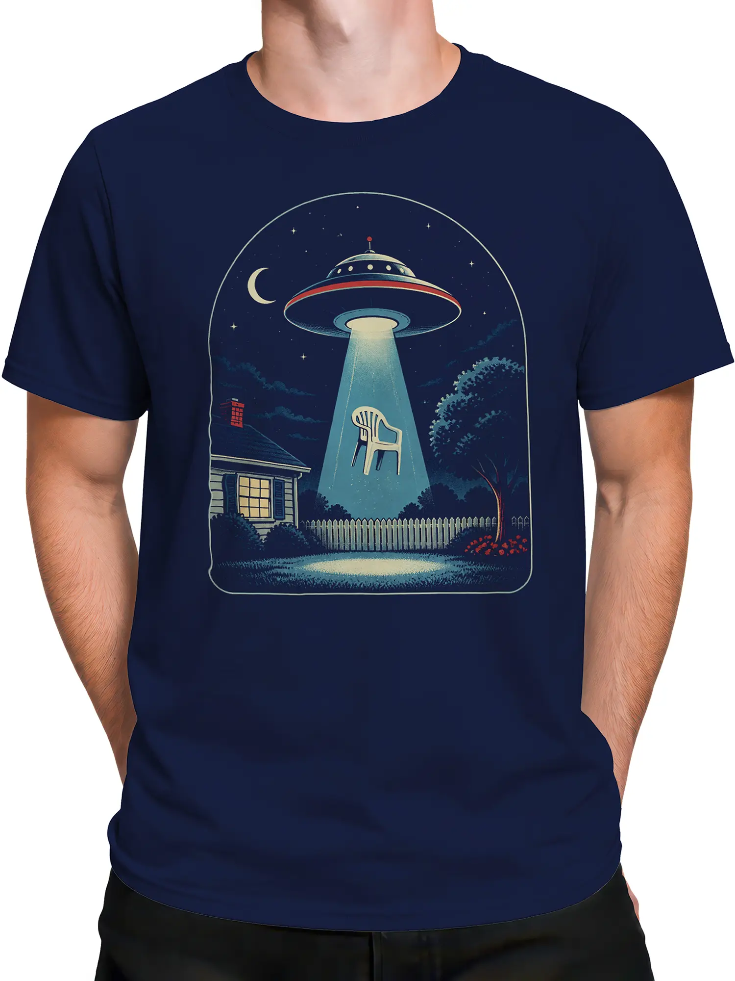 Male torso wearing a navy UFO T-shirt with a vintage suburban abduction scene