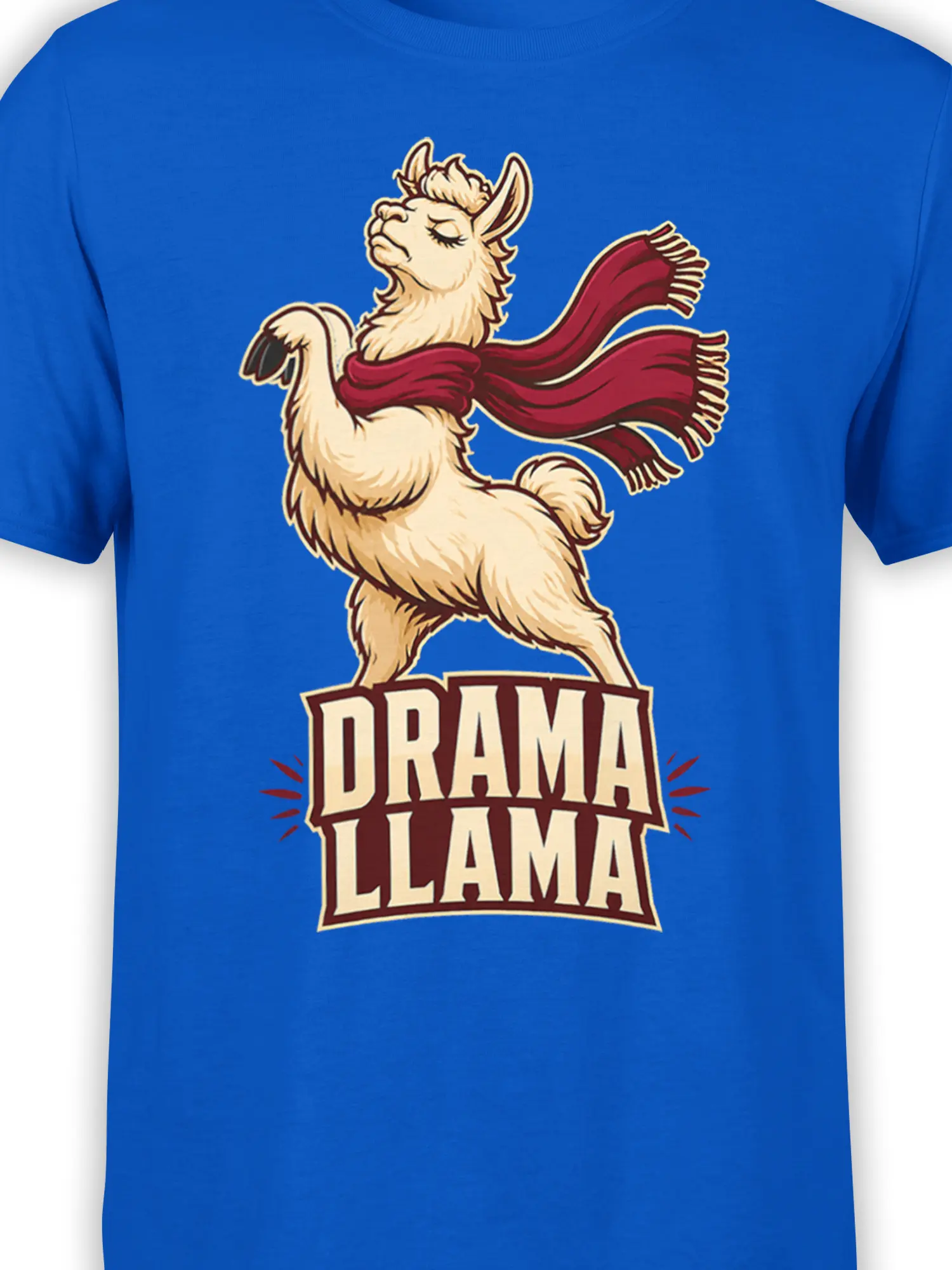 Close-up of cream scarf-wearing llama and DRAMA LLAMA graphic on blue fabric