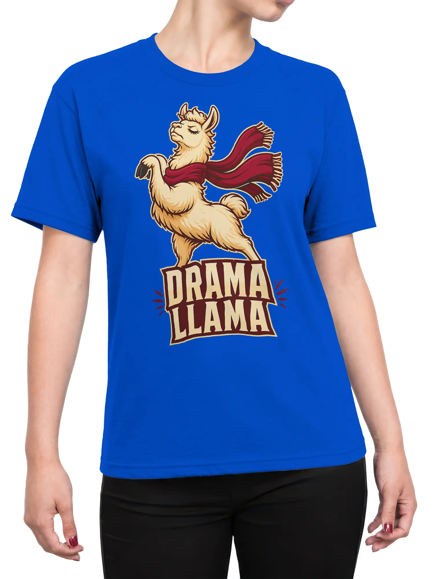 Female torso wearing a blue T-shirt with a scarf-wearing llama and DRAMA LLAMA graphic