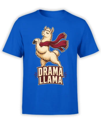 Blue T-shirt featuring a scarf-wearing cream llama and bold DRAMA LLAMA lettering