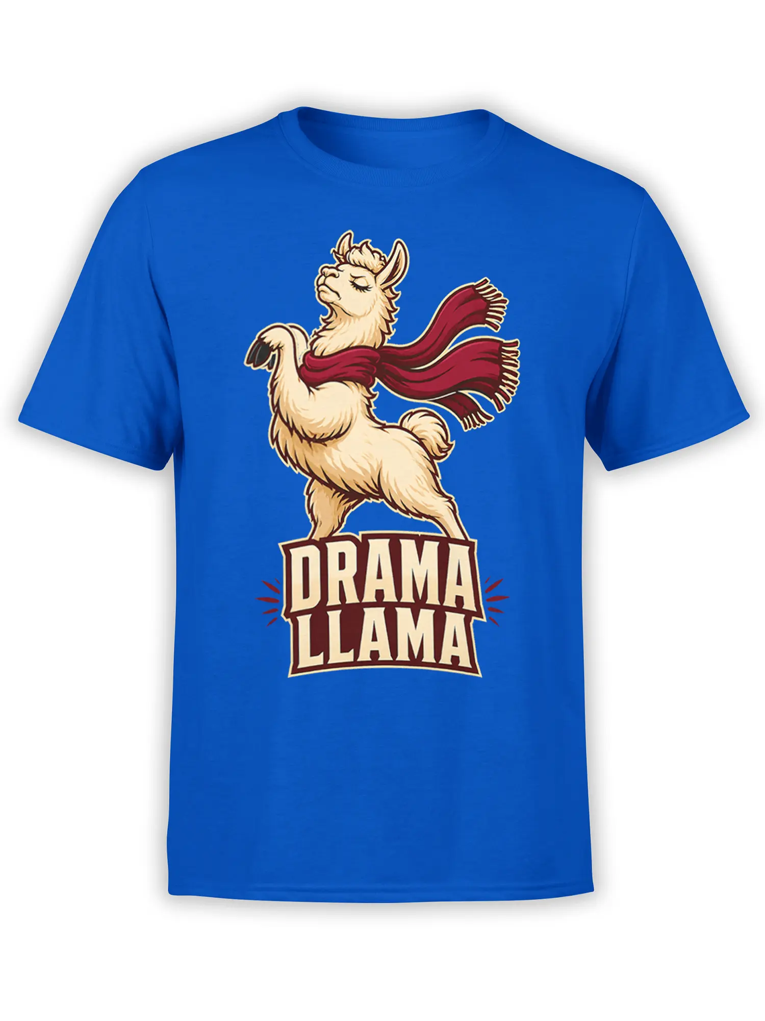 Blue T-shirt featuring a scarf-wearing cream llama and bold DRAMA LLAMA lettering