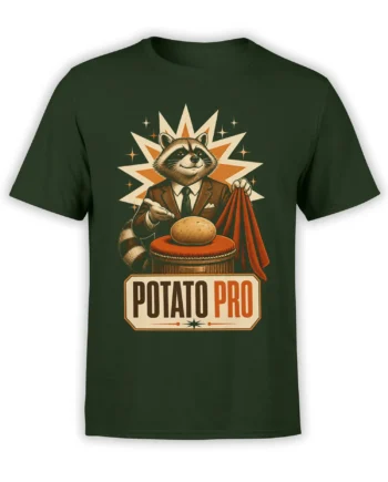 Green T-shirt with a suited raccoon presenting a potato, red curtain, starburst, and POTATO PRO lettering
