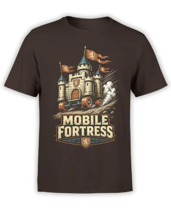 Brown T-shirt featuring a vintage fantasy castle on wheels with flags, smoke, and Mobile Fortress lettering