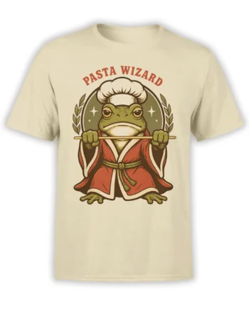 Beige T-shirt with a green frog chef wizard, red robe, pasta stick, stars, and Pasta Wizard lettering