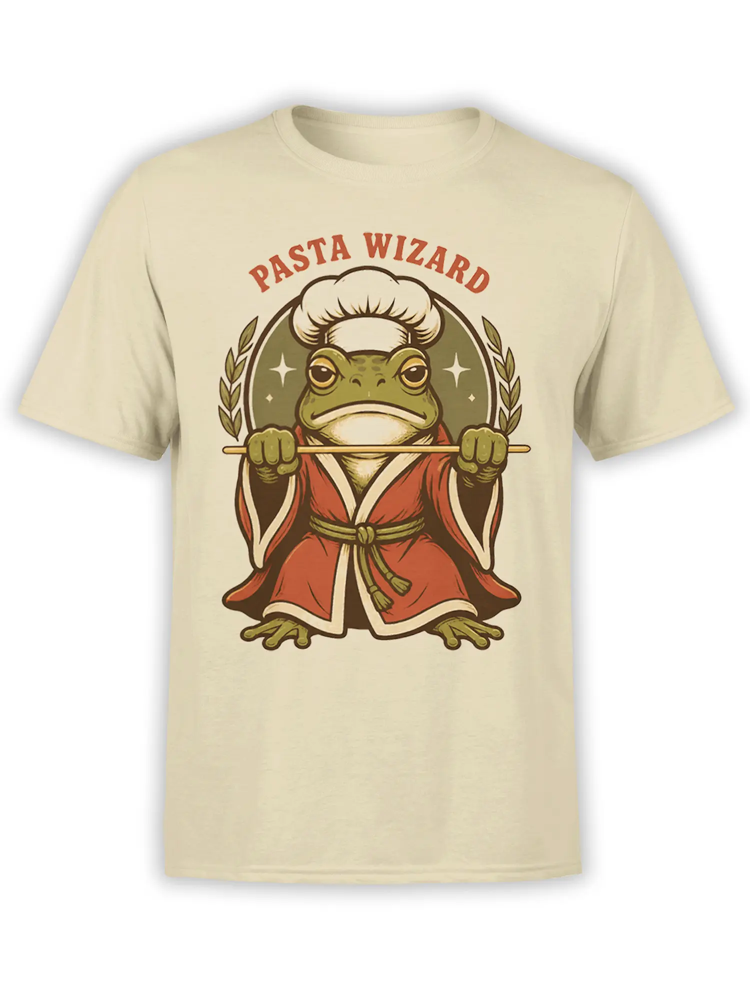 Beige T-shirt with a green frog chef wizard, red robe, pasta stick, stars, and Pasta Wizard lettering