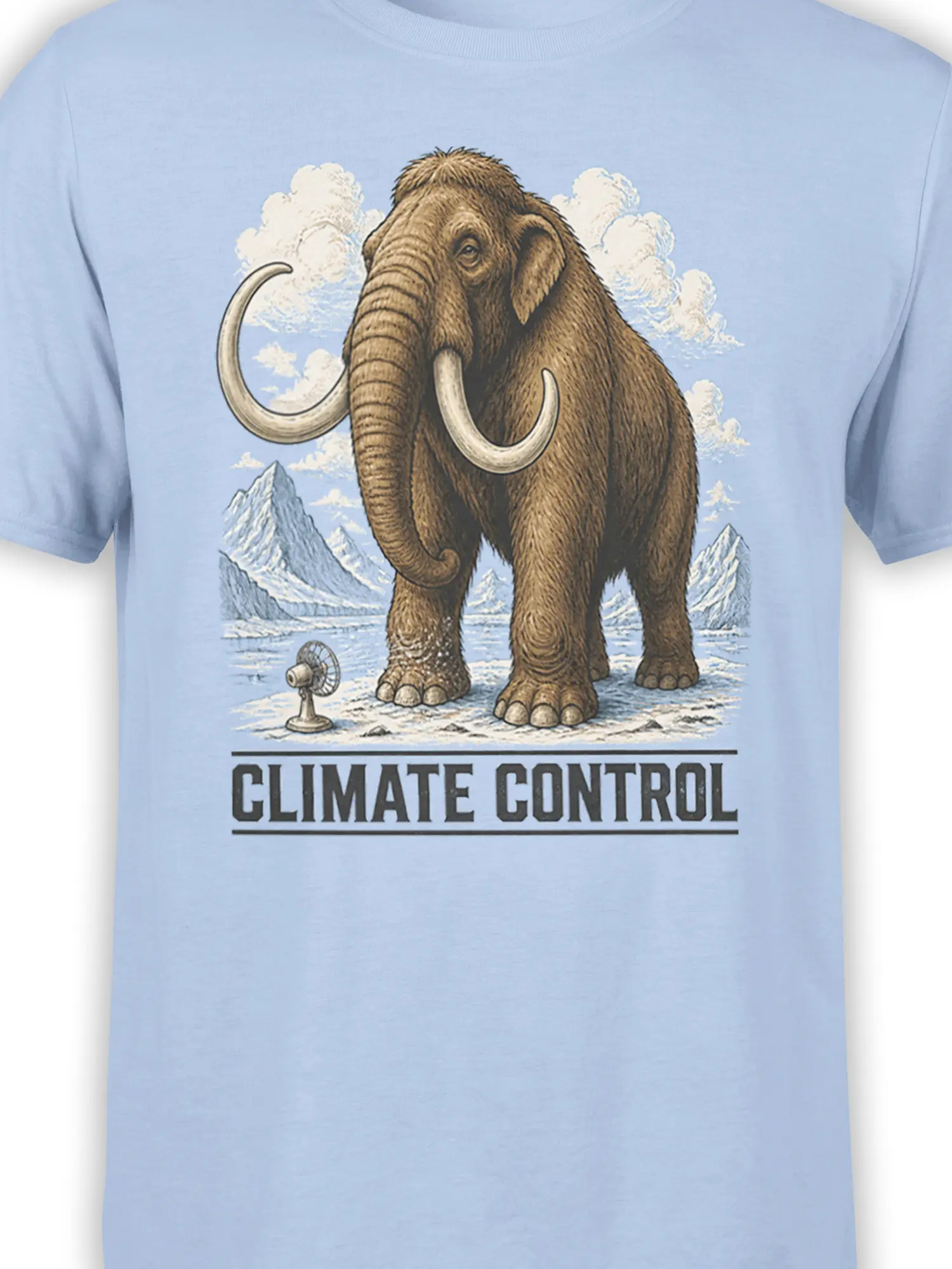 Close-up of mammoth Climate Control artwork with tusks, snowy peaks, clouds, and a small fan