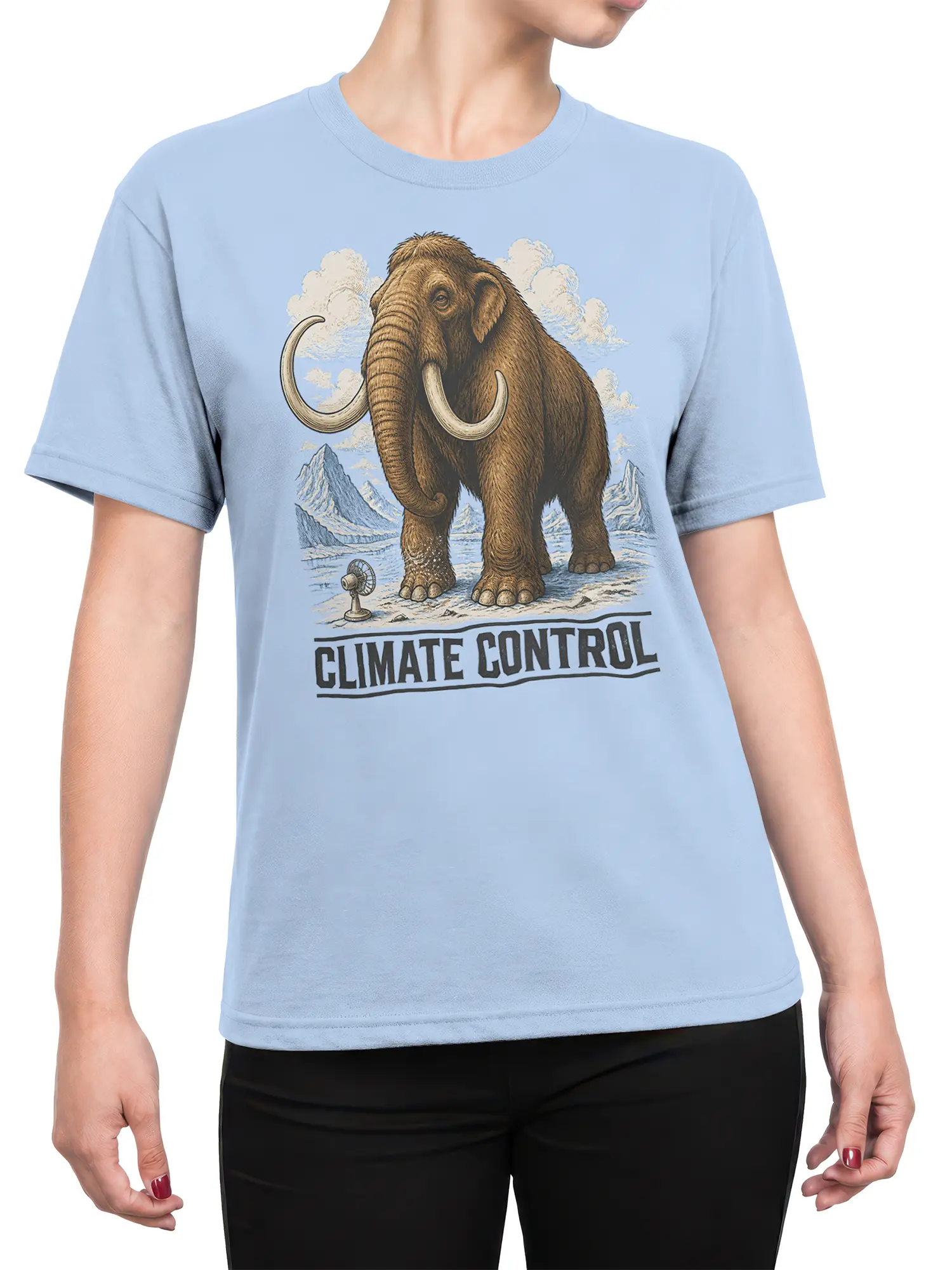 Female torso wearing a light blue mammoth T-shirt with snowy mountains and Climate Control graphic