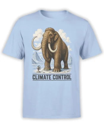 Light blue T-shirt with a shaggy mammoth, snowy mountains, small fan, and Climate Control artwork