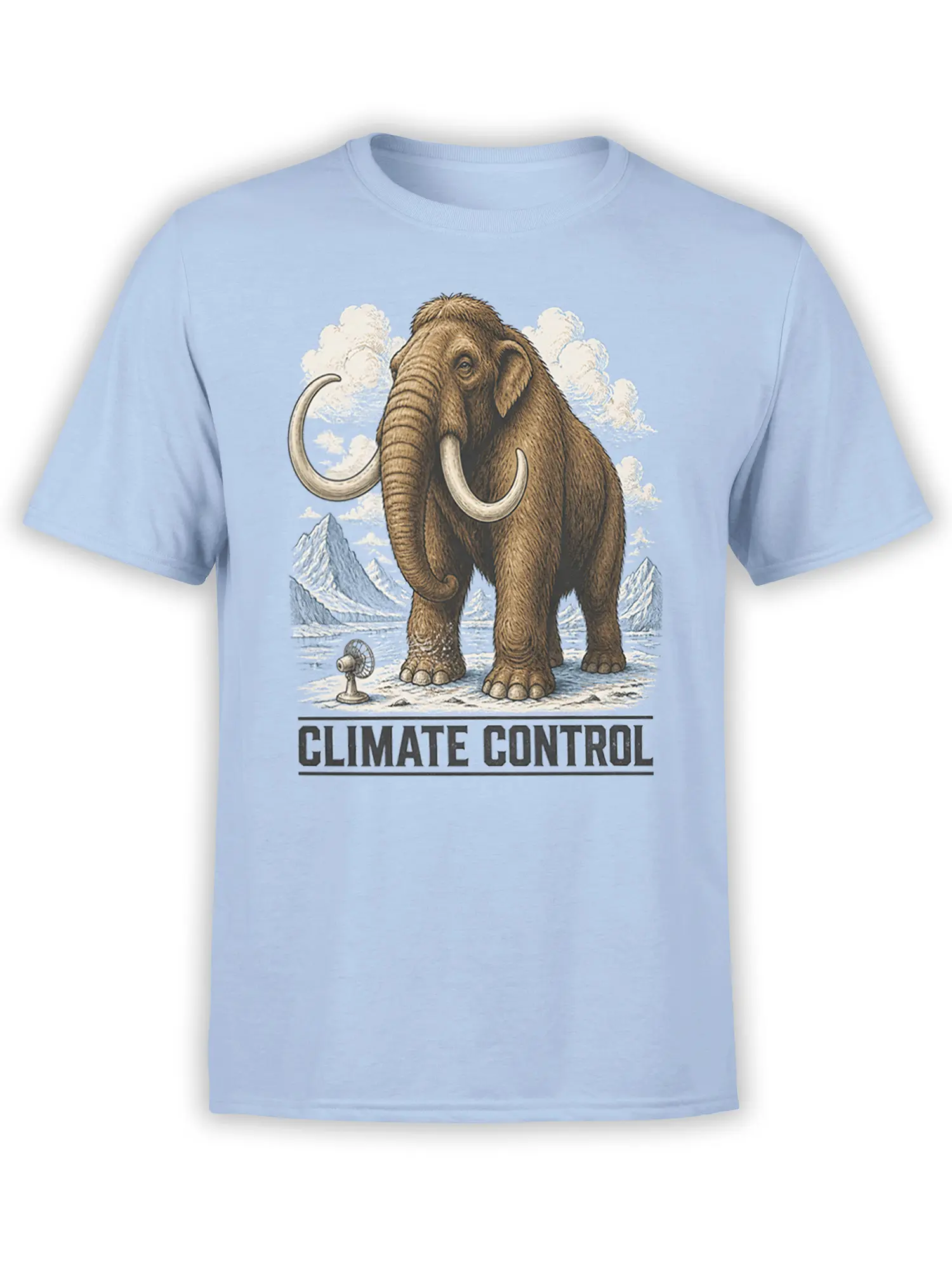 Light blue T-shirt with a shaggy mammoth, snowy mountains, small fan, and Climate Control artwork