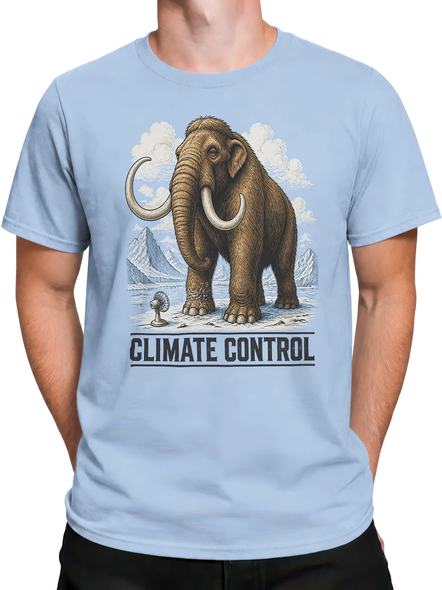 Male torso wearing a light blue Climate Control mammoth T-shirt with a snowy landscape graphic