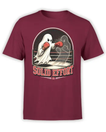 Vintage ghost boxing graphic with red gloves and “SOLID EFFORT” text on a burgundy T-shirt