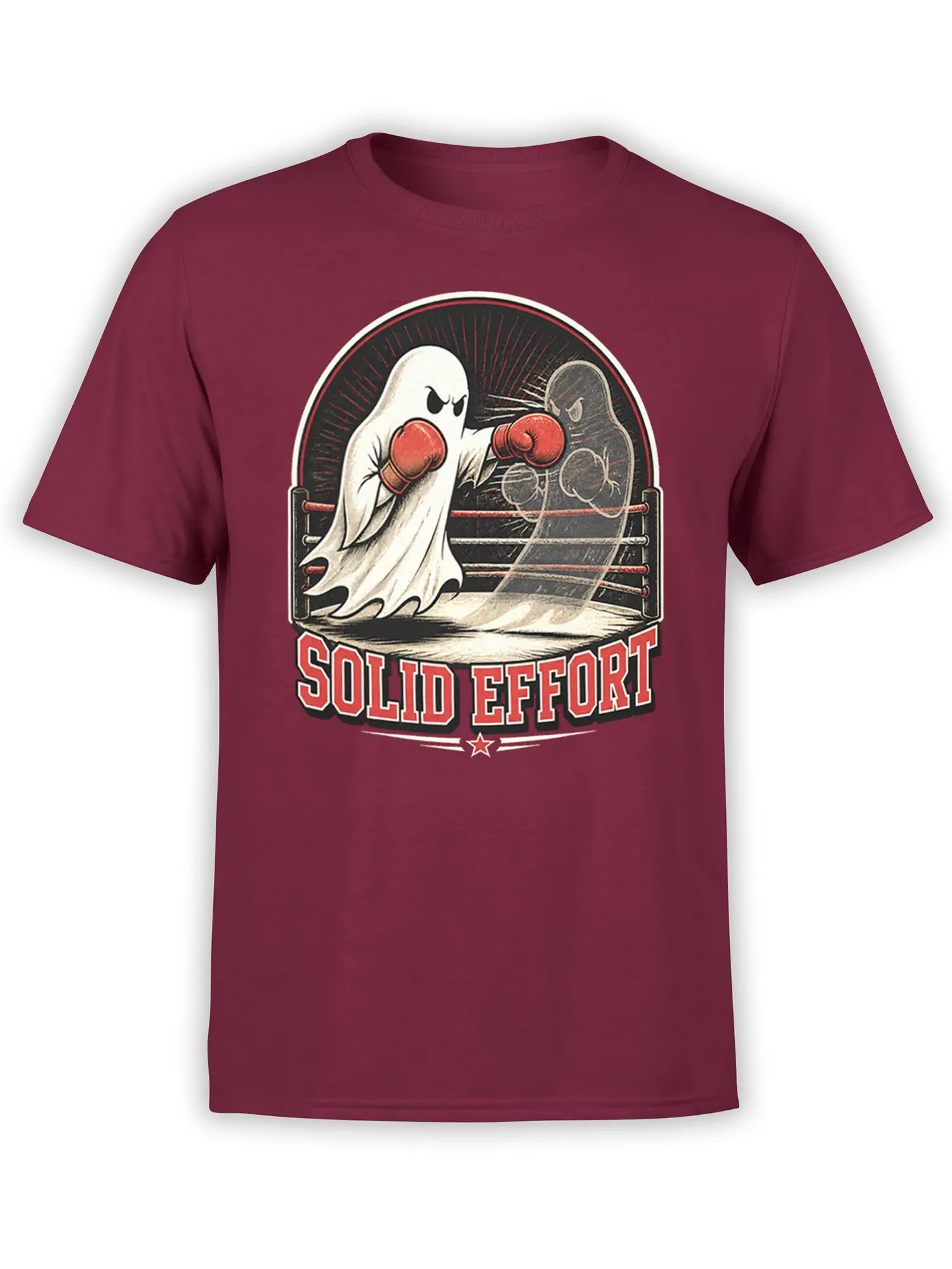 Vintage ghost boxing graphic with red gloves and “SOLID EFFORT” text on a burgundy T-shirt