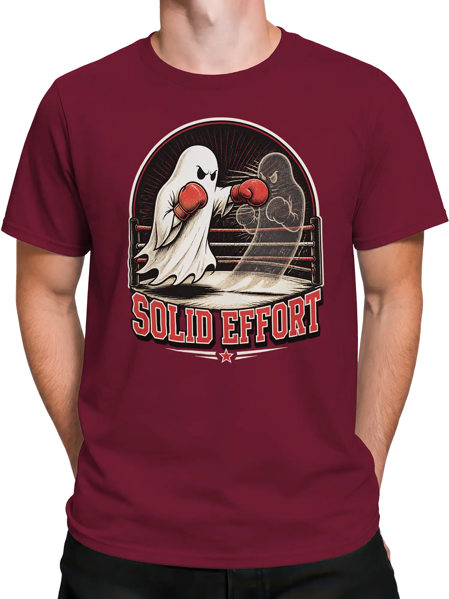 Male torso wearing a burgundy T-shirt with two ghost boxers and “SOLID EFFORT” graphic