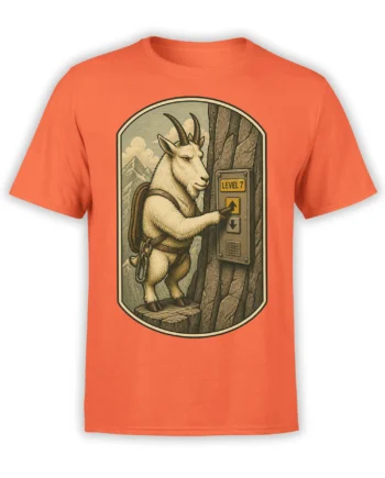 Orange T-shirt with a vintage mountain goat climber pressing the Level 7 elevator button