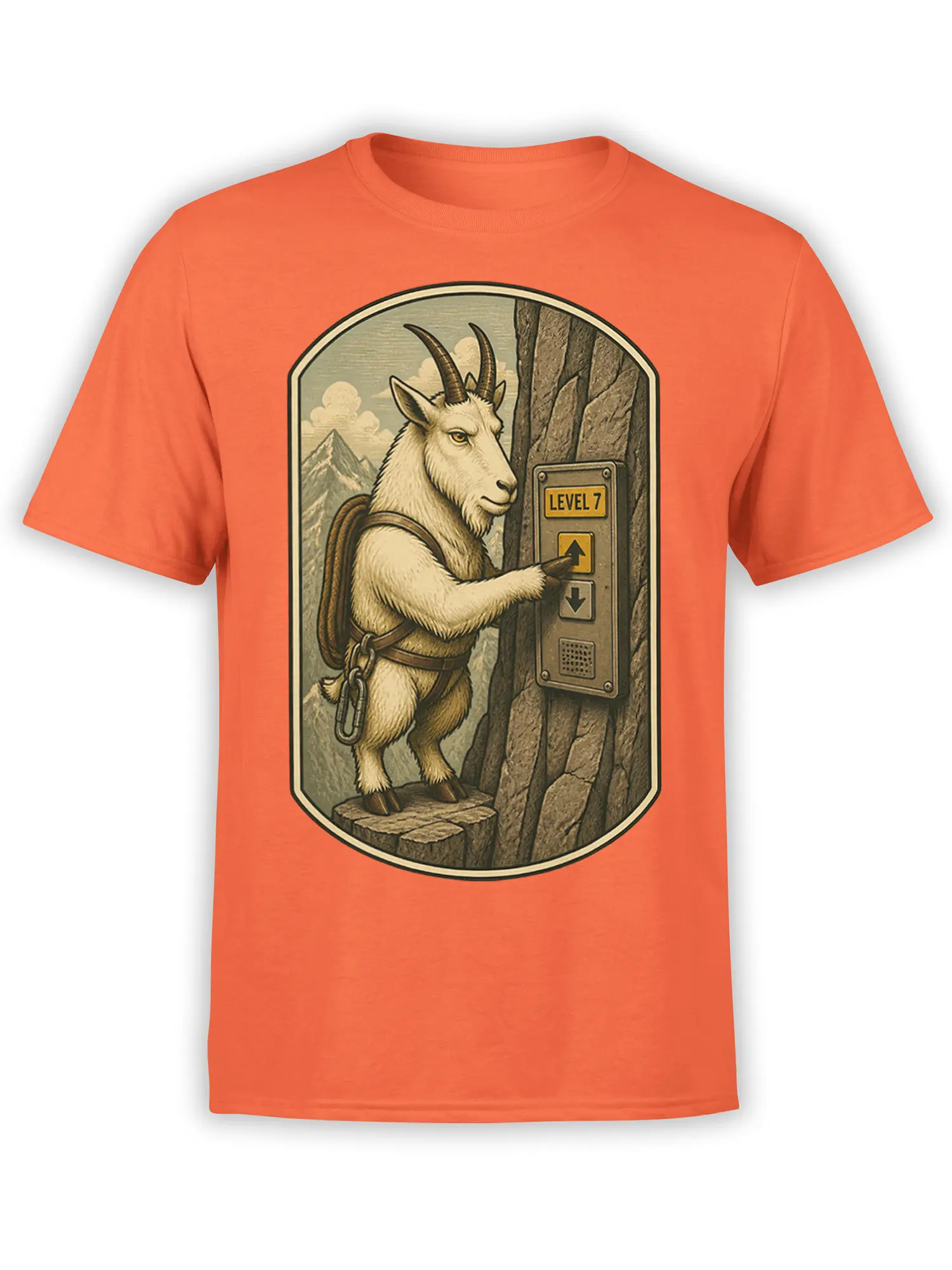 Orange T-shirt with a vintage mountain goat climber pressing the Level 7 elevator button