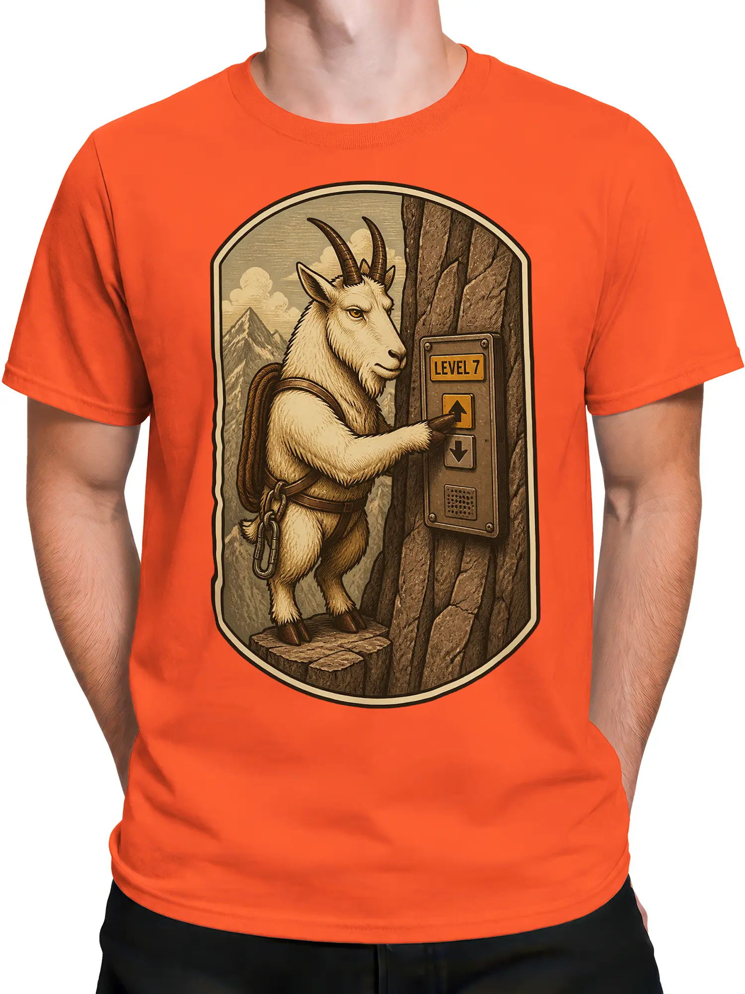 Male torso wearing an orange mountain goat Level 7 graphic T-shirt