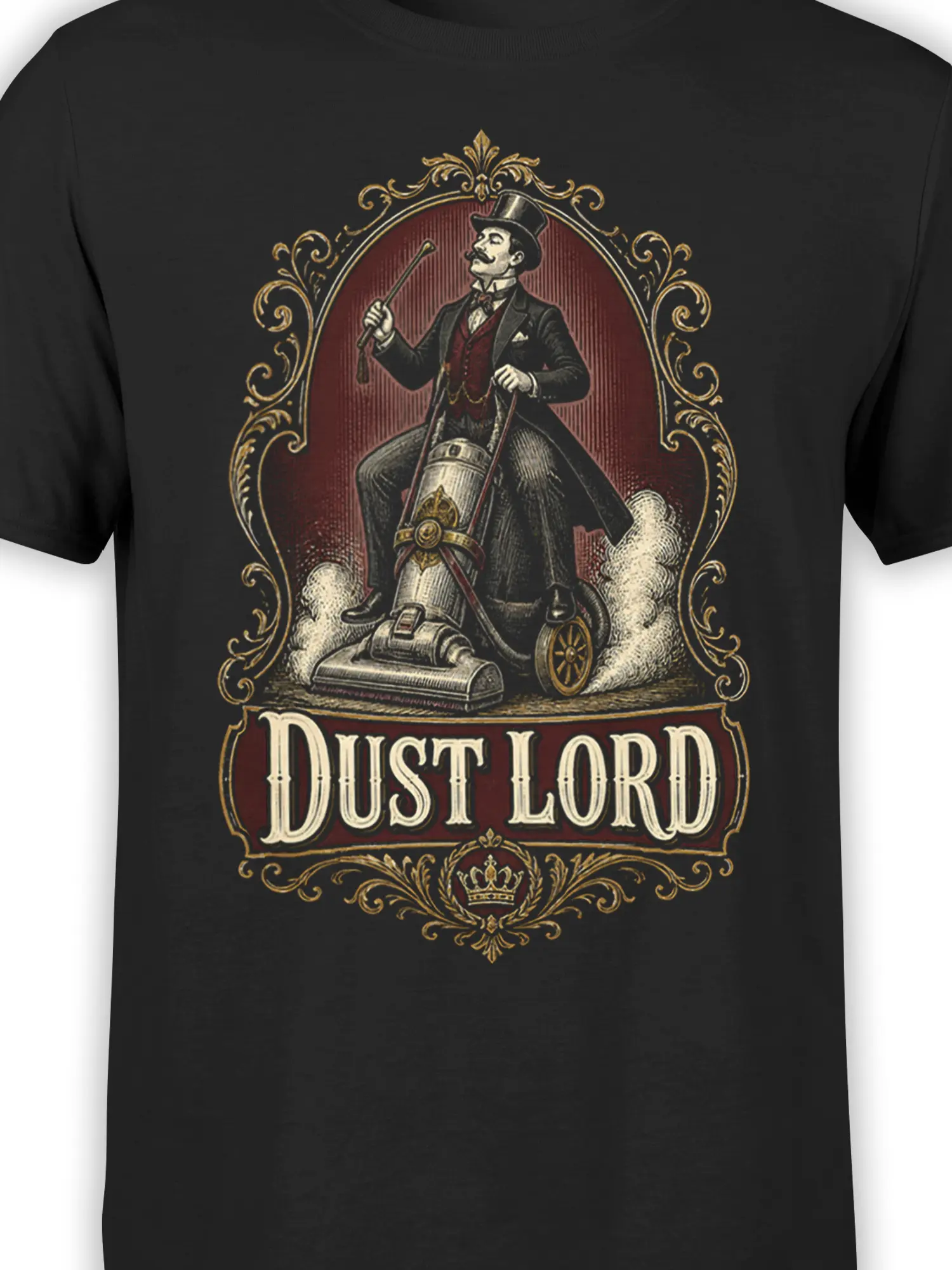 Close-up of Dust Lord vintage artwork with a formal gentleman, vacuum cleaner, crown, and ornate gold details