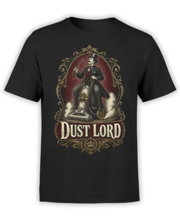 Black T-shirt with vintage Dust Lord artwork showing a top-hatted gentleman and ornate vacuum cleaner design