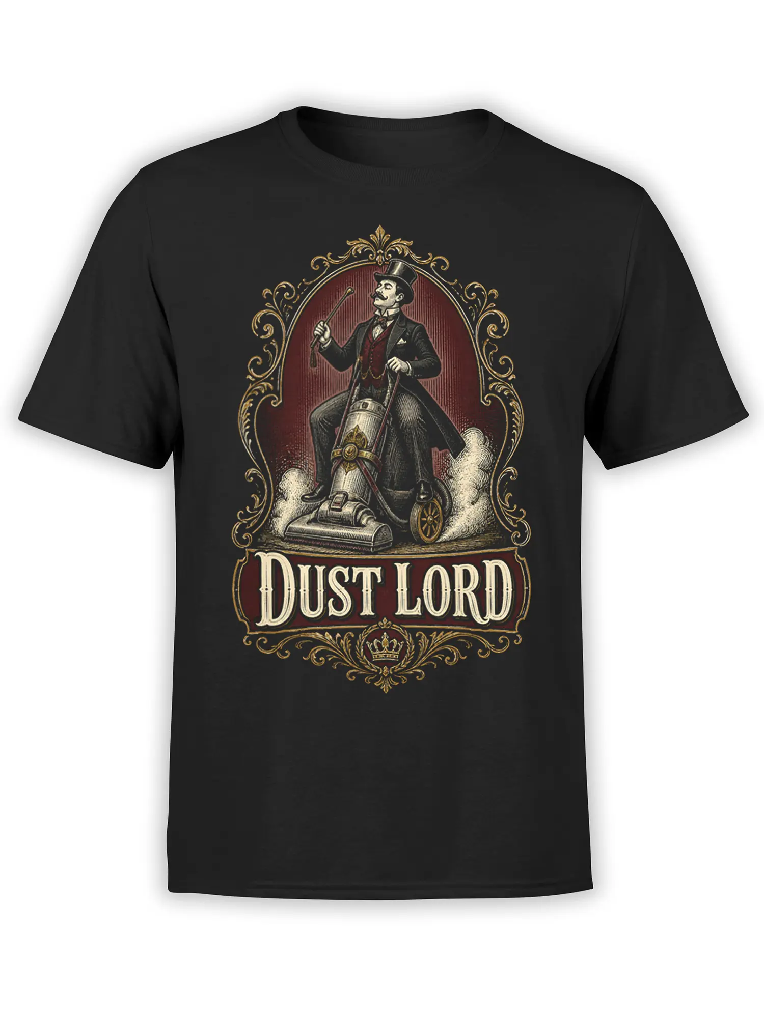 Black T-shirt with vintage Dust Lord artwork showing a top-hatted gentleman and ornate vacuum cleaner design
