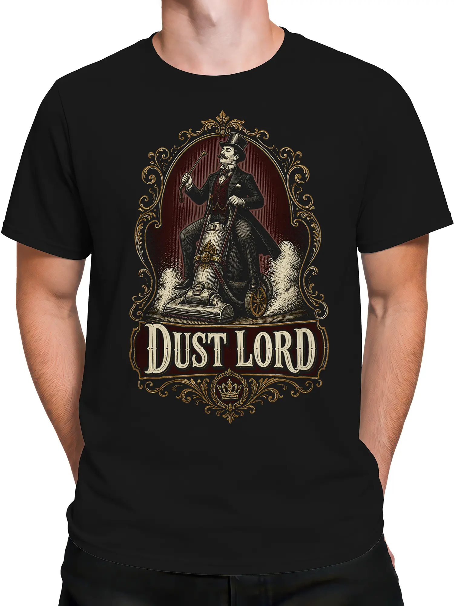 Male torso wearing a black Dust Lord graphic T-shirt with vintage cleaning humor artwork