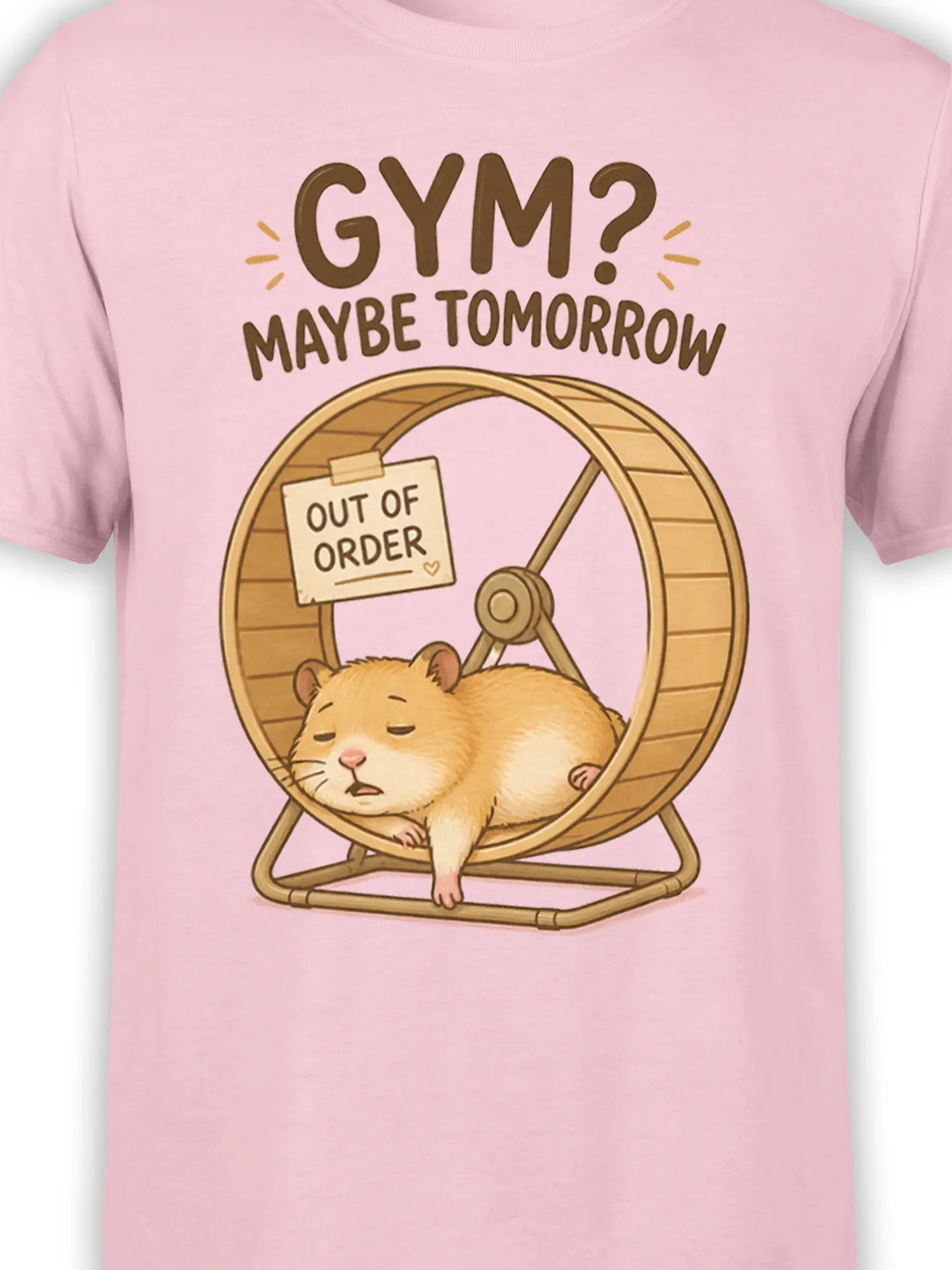 Close-up of sleepy hamster in a wooden exercise wheel with “OUT OF ORDER” sign on light pink fabric
