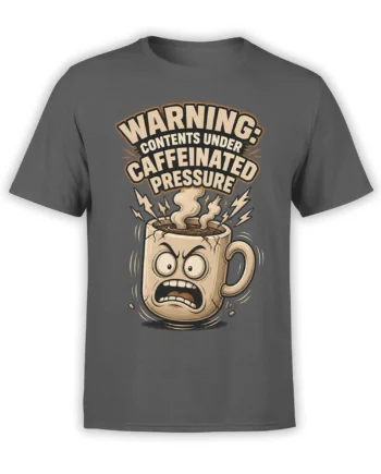 Gray coffee T-shirt with angry steaming mug, lightning bolts, and caffeinated pressure warning lettering