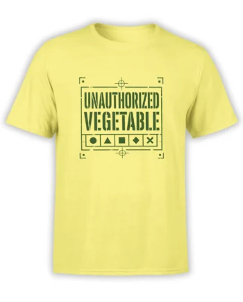 Yellow T-shirt with dark green Unauthorized Vegetable lettering and geometric symbols